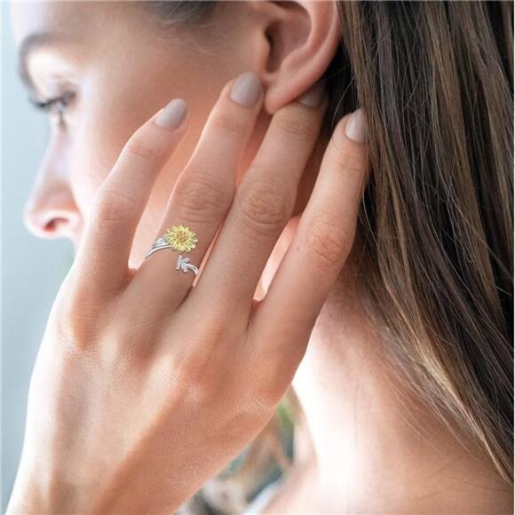 Fidget Rings for Anxiety for Women Sunflower Initial Letter Spinner Ring - Picture 2 of 7